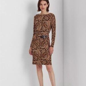 Lauren Ralph Lauren Paisley Buckle-Trim Stretch Jersey Dress Women’s 8 Tan Brown
